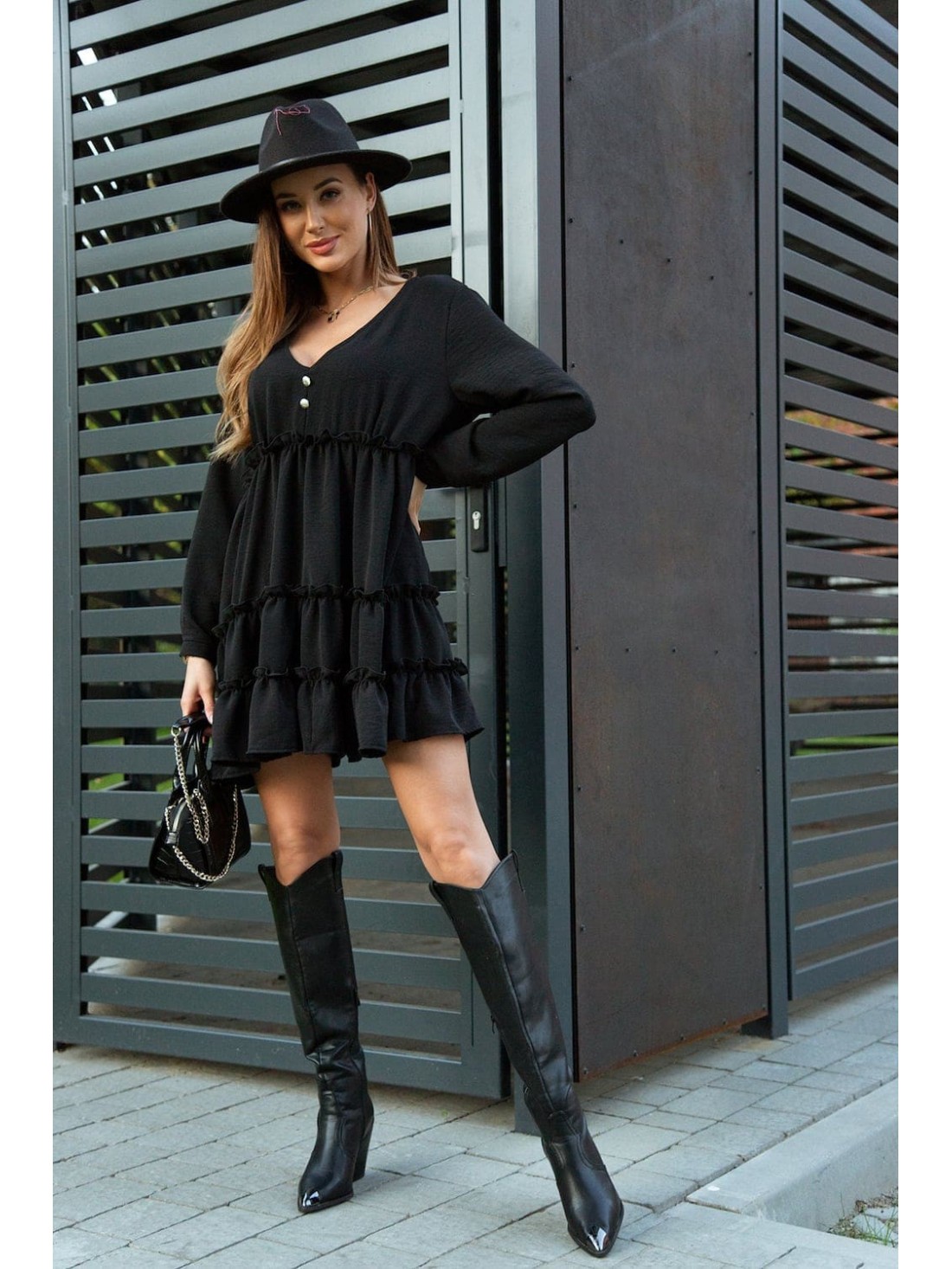 Loose-cut dress with ruffles, black 0544 - Online store - Boutique